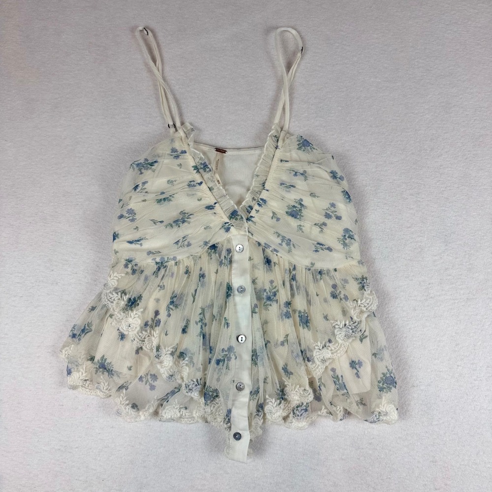 Free People Blue Floral Mesh Lace Ruffle Babydoll Camisole Top Medium Ivory